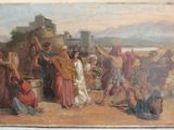 painting of a painting of a group of people in front of a building