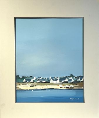 une photo d'un tableau représentant une plage avec des maisons en arrière-plan