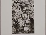 un dessin en noir et blanc représentant un paysage de montagne avec un homme à cheval