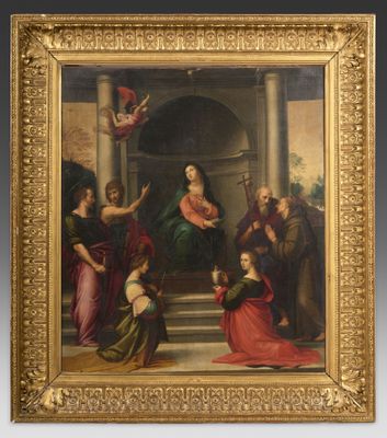 an oil painting of a group of people standing around a woman