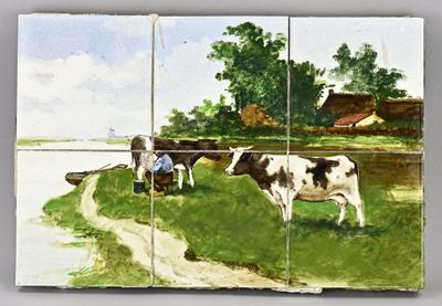 a painting of cows grazing in a field next to a river