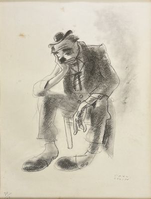 drawing of a man sitting in a chair with his hand on his chin