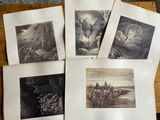 four old prints of a man on a boat in the ocean