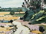 a picture of a painting of a road in the middle of a field