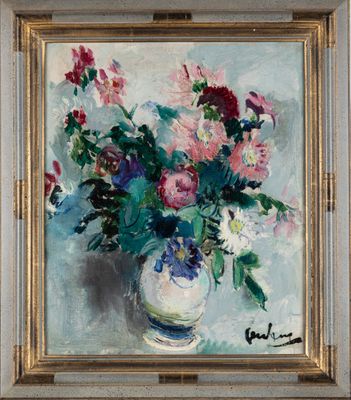 une peinture à l'huile représentant un vase avec des fleurs sur une table