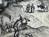 drawing of a man and a dog in a field with a man on a horse in the background