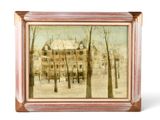 une image représentant une peinture d'une maison sous la neige