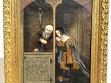 a painting of a man and a woman looking out of a window