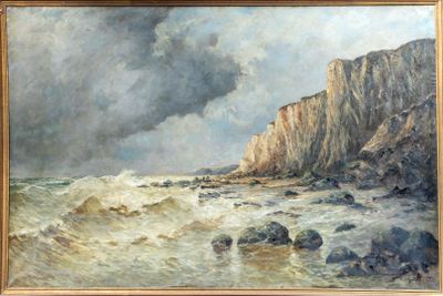 un tableau représentant une côte rocheuse avec des vagues qui déferlent
