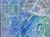 tableau représentant une peinture abstraite bleue et verte avec un parapluie rouge