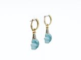 a pair of earrings with blue glass beads hanging from them
