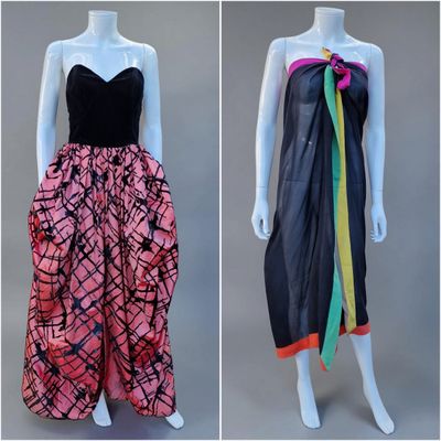 deux mannequins vêtus de robes noires et roses ornées de rubans colorés