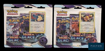 two packs of pokemon trading cards on a black background