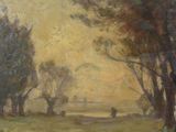 painting of cows grazing in a field with trees in the background