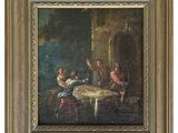 a painting of a group of people sitting around a table
