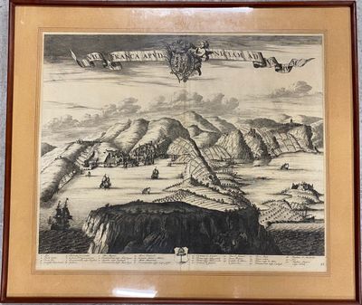tableau représentant un avion survolant une région montagneuse, avec des montagnes en arrière-plan