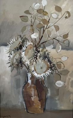 une peinture de fleurs dans un vase sur une table