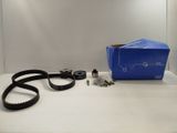 a blue box with a belt and some other items on a table