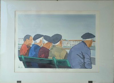 un tableau représentant un groupe d'hommes assis sur un banc