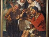 une peinture à l'huile représentant un groupe de personnes assises autour d'une table