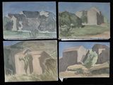 four paintings of a mountain scene are shown in four different frames