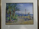 tableau représentant une vue de plage avec des palmiers et un lampadaire