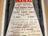 une vieille affiche représentant une épée et une autre épée sur un tapis bleu