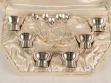 six silver spoons in a case on a white surface