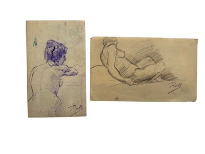 two drawings of a woman laying on a bed next to a drawing of a man