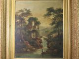 un tableau représentant un paysage fluvial avec un château au loin