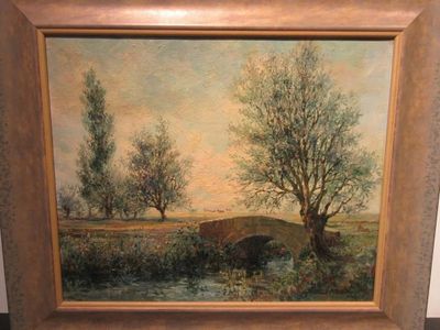 une peinture à l'huile représentant un pont enjambant une rivière, avec des arbres en arrière-plan