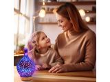 a woman and a little girl sitting at a table looking at a colorful light
