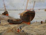 une peinture représentant un groupe de bateaux sur la plage