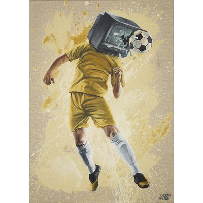 tableau représentant un footballeur avec une tête de téléviseur sur la tête