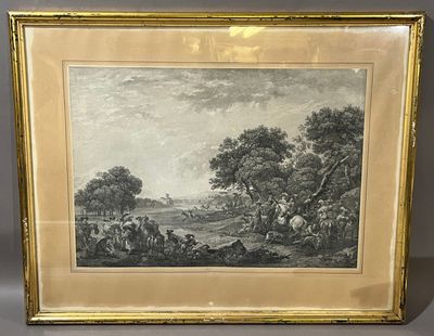 an old picture of a painting of a landscape with a man on horseback