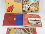 three children ' s books on a white background, including a picture of an elephant and a train