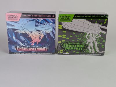 deux boîtes de cartes à collectionner Pokémon posées sur une surface blanche