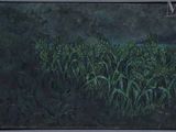 une peinture à l'huile représentant un champ de maïs sur fond sombre