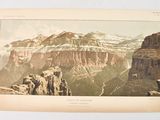 une vieille gravure représentant une vue du Grand Canyon depuis le sommet d'une montagne
