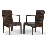 pair of brown leather chairs with arms and backrests on a white background