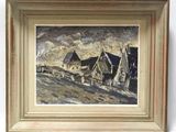 une peinture à l'huile d'une scène de ferme avec une voiture à cheval