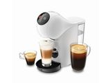a white coffee maker with two cups of coffee next to it