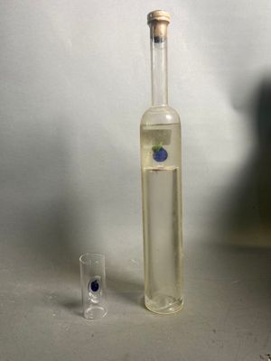 une bouteille contenant un liquide et une fleur bleue à l'intérieur