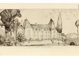 an old drawing of a castle with trees and bushes in the foreground