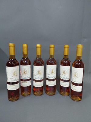 six bouteilles de vin sont alignées dans une rangée