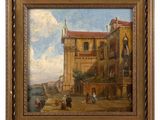 a painting of a city street with people and buildings