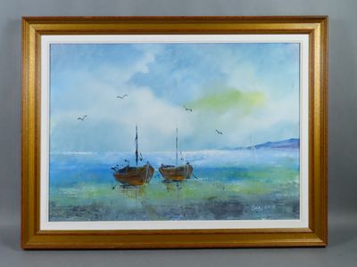 a painting of two boats floating in a body of water