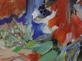 a painting of flowers in a vase on a table