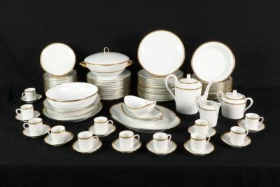 a picture of a group of white and gold dinnerware