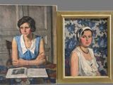 deux tableaux représentant des femmes assises à une table devant un livre